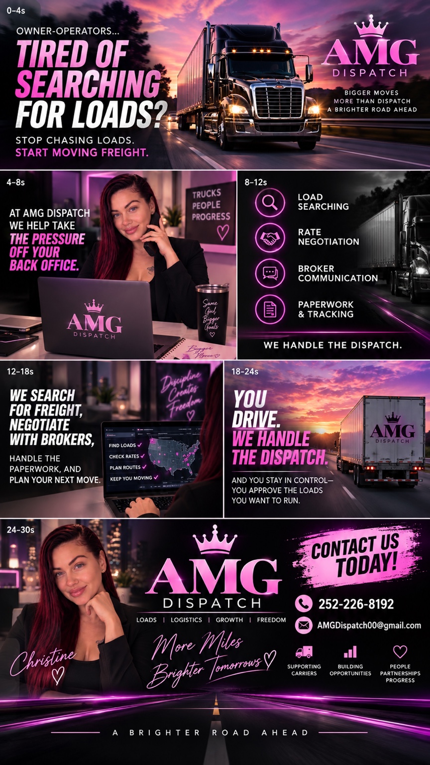 Christine and AMG Dispatch. More miles, brighter tomorrows. Contact us today: 252-226-8192, AMGDispatch00@gmail.com. A brighter road ahead.